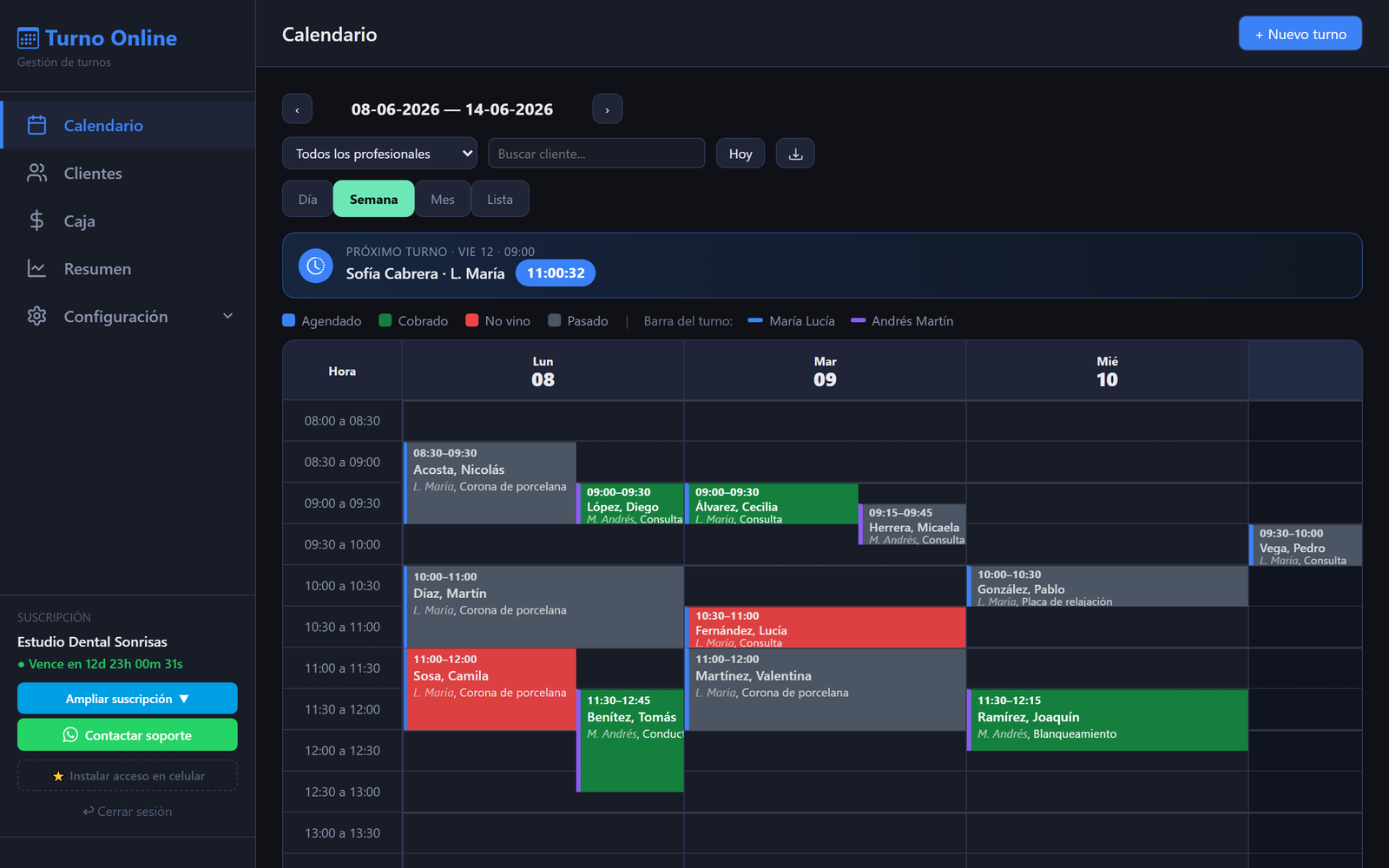Agenda de turnos de Turno Online: calendario semanal con los turnos en colores por estado