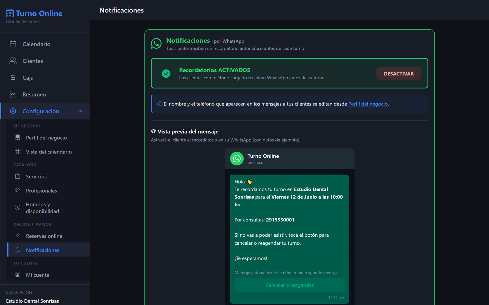 Vista previa del recordatorio automático por WhatsApp